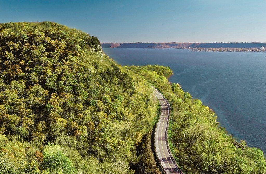 Breathtaking panoramic view from the towering bluff top overlooking the Wisconsin Great River Road to see the mighty Mississippi River and valley for miles looking North, South and West.